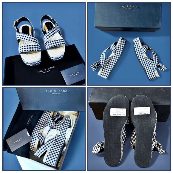 Rag & Bone Megan Platform Sandals Espadrilles Navy Gingham - Picture 7 of 16